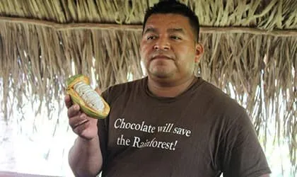 Cacao farmer holding a cacao pod