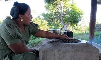 Woman roasting cacao beans